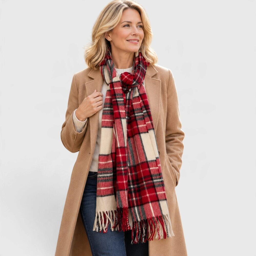 Talbots 100% Cashmere Plaid Scarf Red Ivory Black Fringe Wrap 18x76 NWT